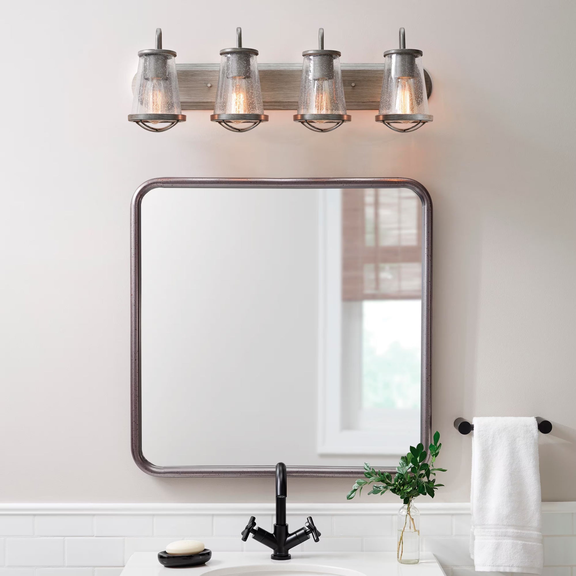 Georgina 30 in. 4-light Weathered Iron Industrial indoor vanity with Clear Seeded Glass Shades