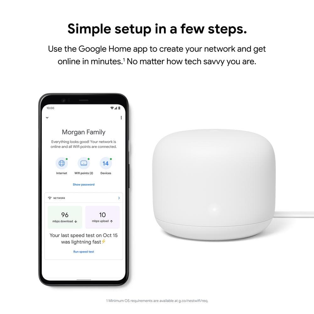 Google Nest Wifi - Mesh Router AC2200 and 1 Point with Google Assistant - 2 Pack - Snow